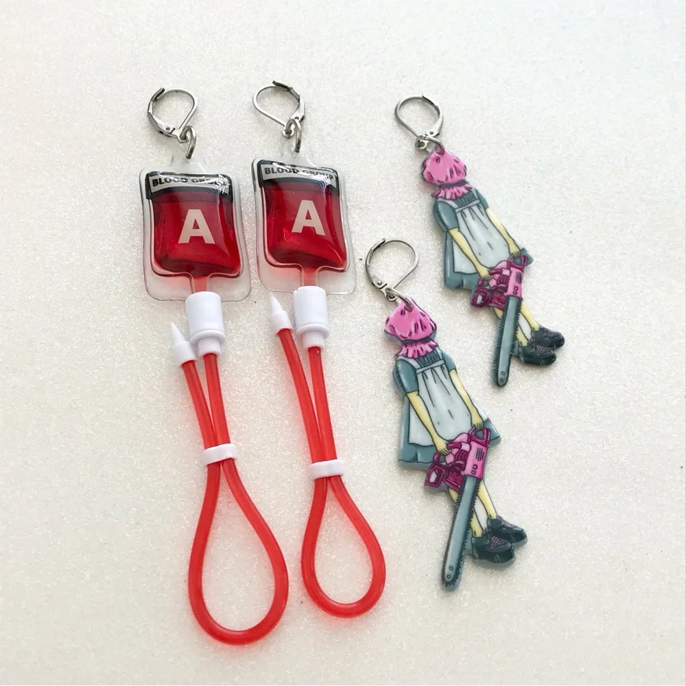 🆕 Blood Bag Type A and Chainsaw Girl Earrings - Picture 2 of 4